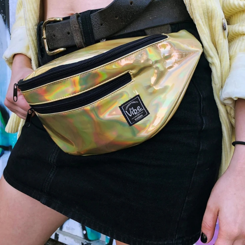 Vibe Festival Gear Gold Holographic 4 Zippered Pockets Fanny Pack